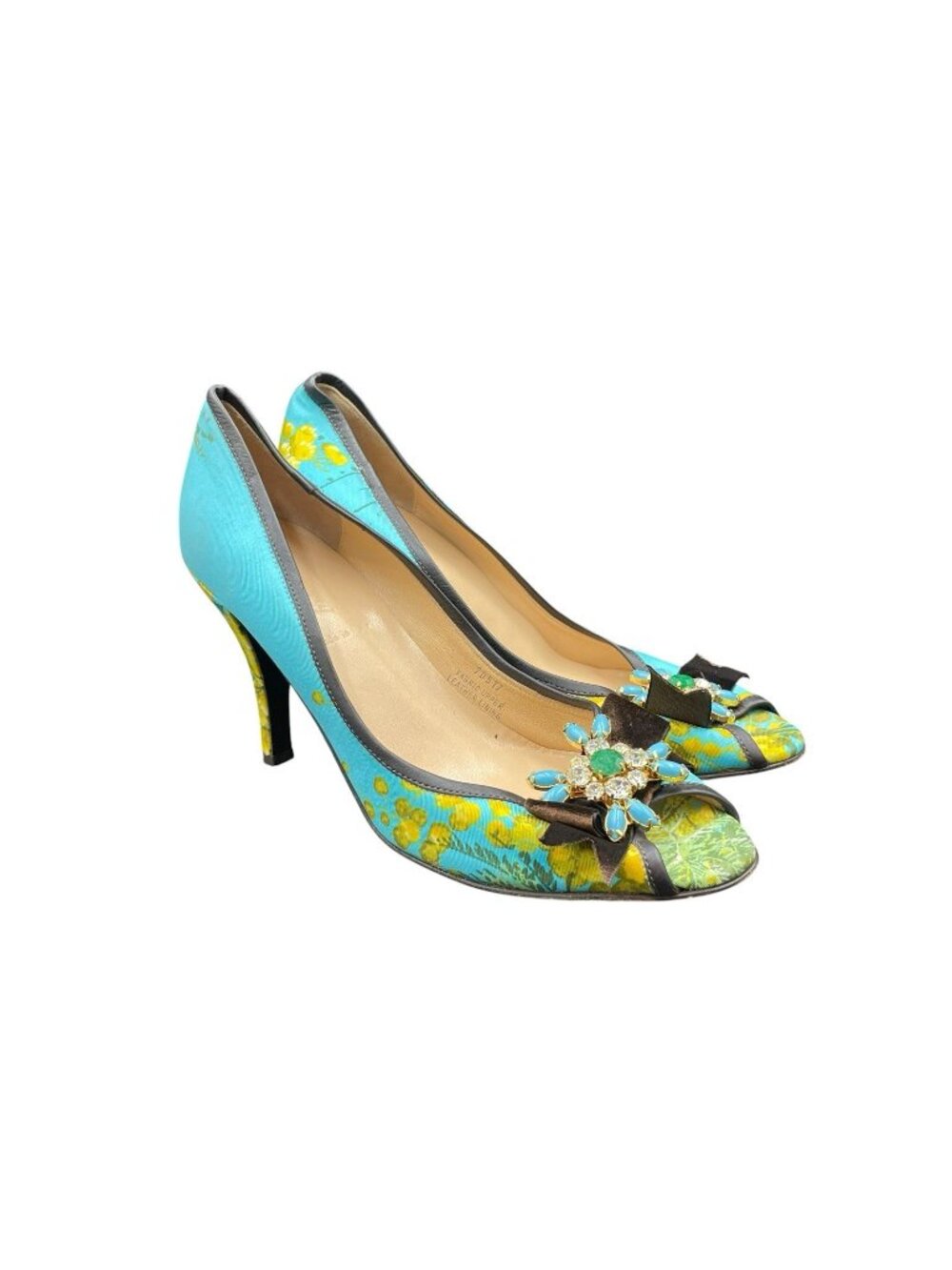 J. Crew Poppy Fabric Peep Toe Stiletto Heels 8.5 Made In Italy Jeweled Bow